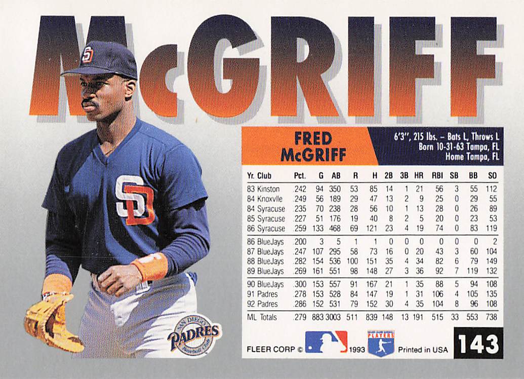 1993 Fleer Baseball Fred McGriff #143