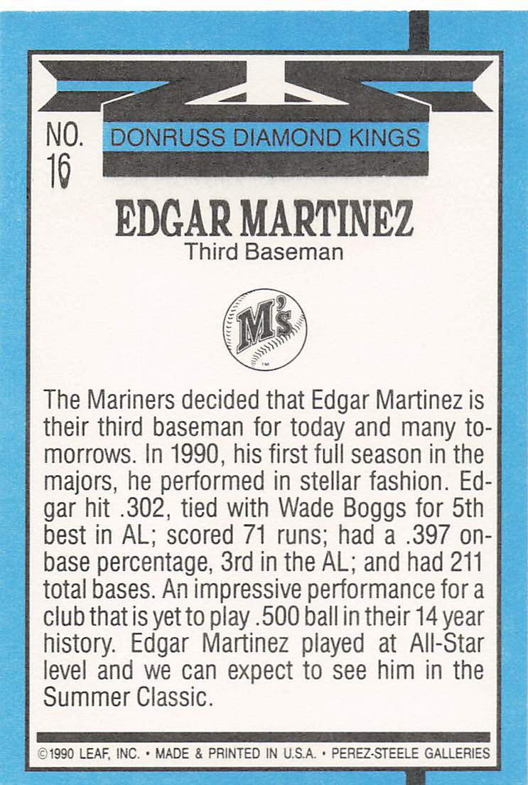 1991 Donruss Baseball Edgar Martinez #16b