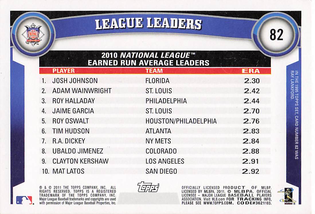 2011 Topps Diamond Anniversary NL ERA Leaders Johnson /Wainwright /Halladay #82