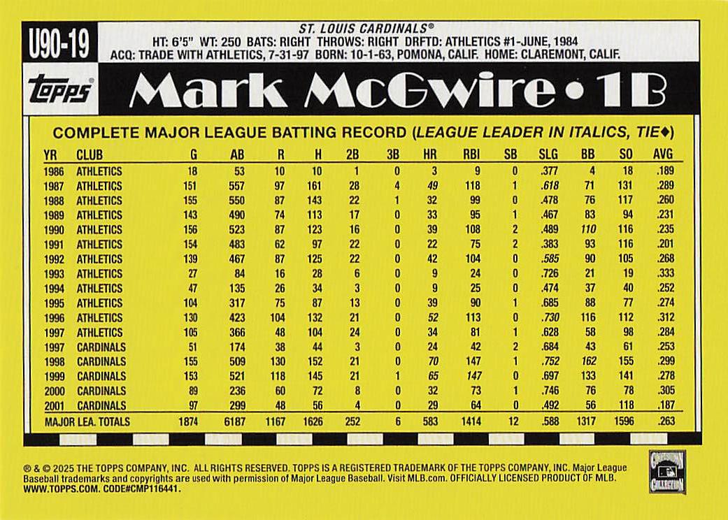 2025 Topps Update 1990 Topps Mark McGwire #U90-19