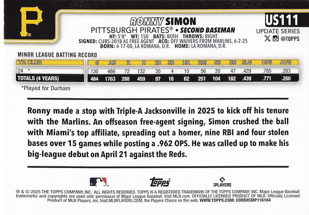 2025 Topps Update Baseball Holo Foil Ronny Simon #US111 Rookie