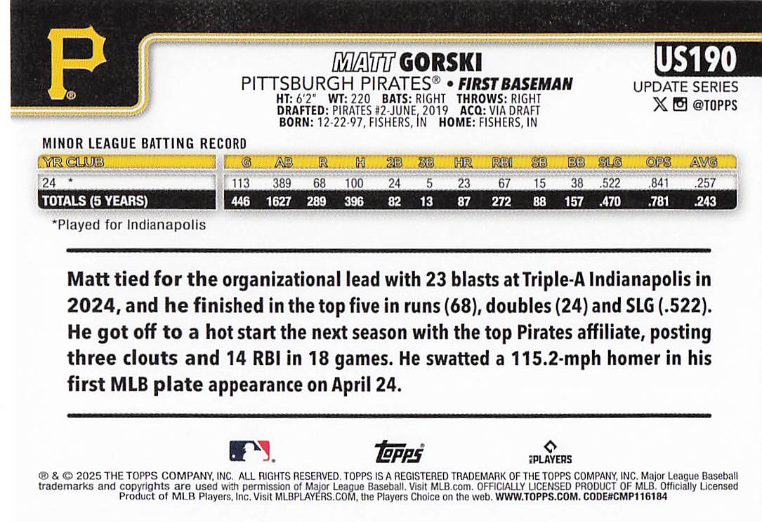 2025 Topps Update Baseball Matt Gorski #US190 Rookie