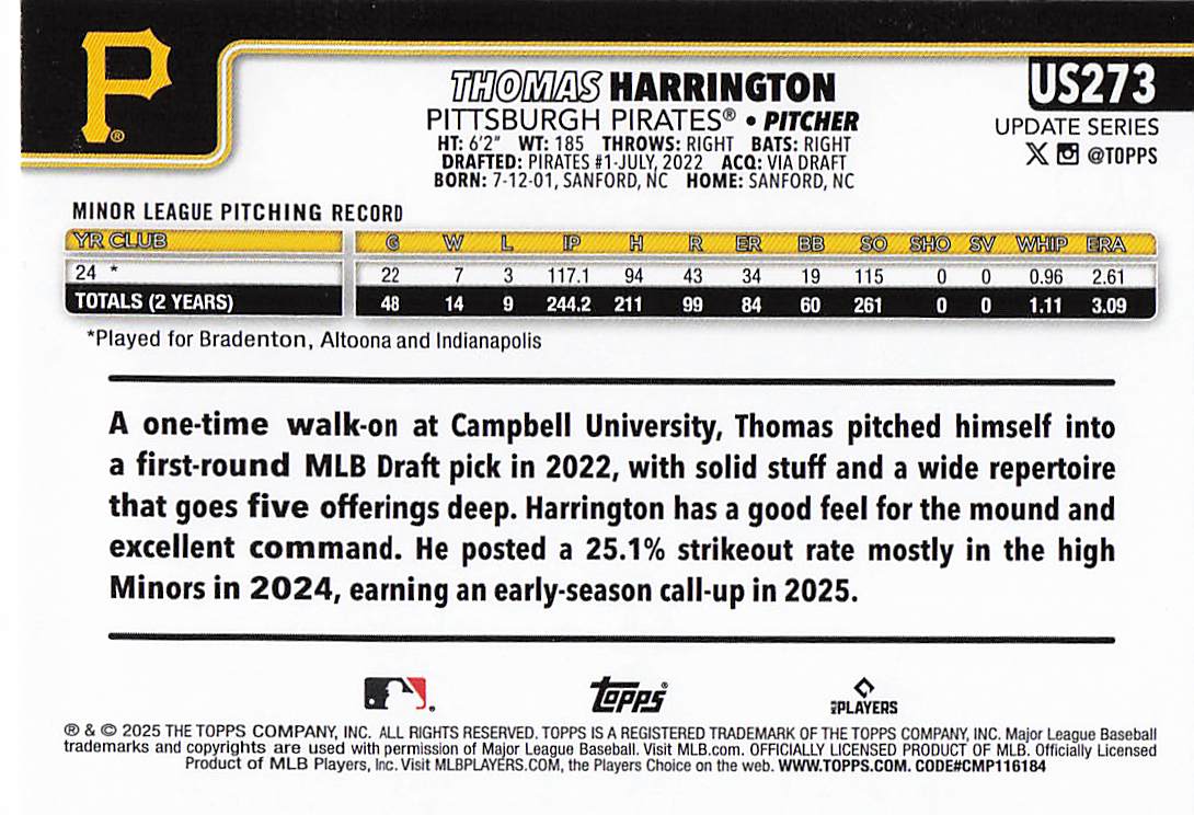 2025 Topps Update Baseball Thomas Harrington #US273 Rookie