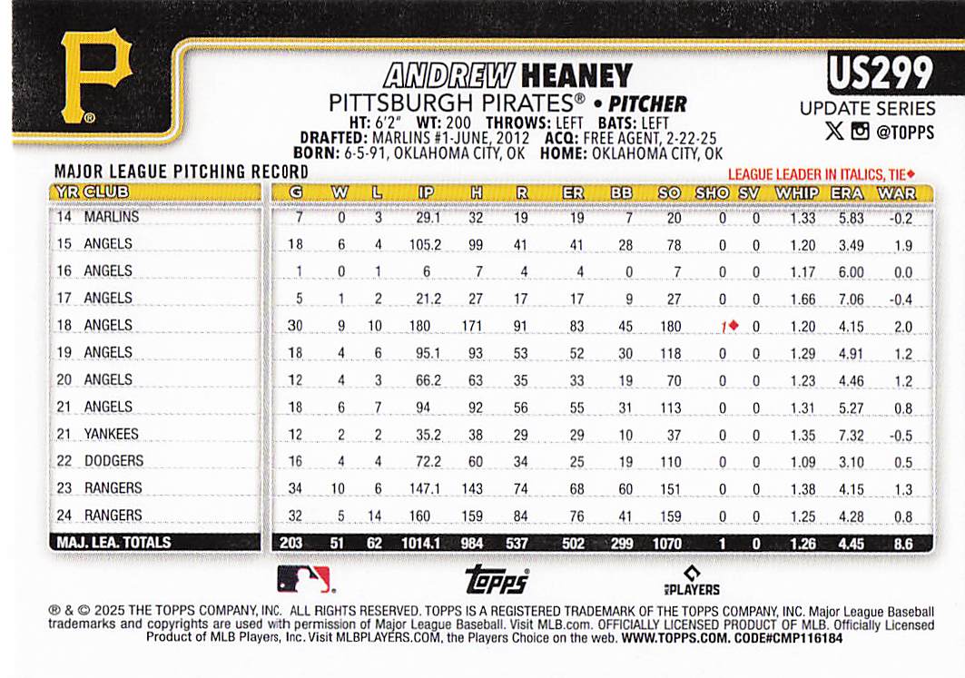 2025 Topps Update Baseball Andrew Heaney #US299