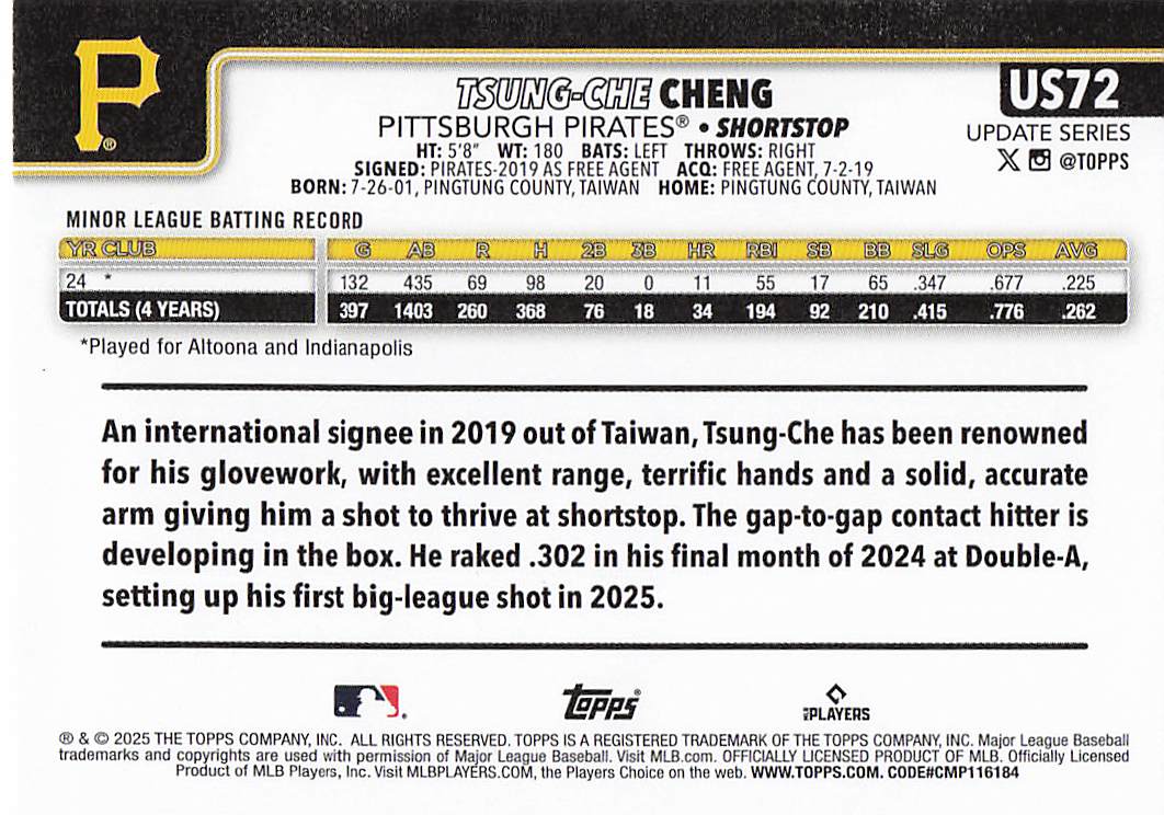 2025 Topps Update Baseball Tsung-Che Cheng #US72 Rookie
