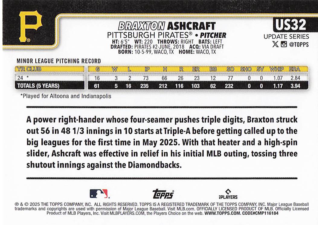 2025 Topps Update Baseball Braxton Ashcraft #US32 Rookie