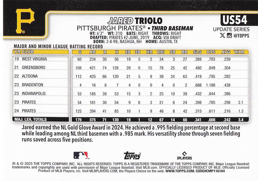 2025 Topps Update Baseball Jared Triolo #US54