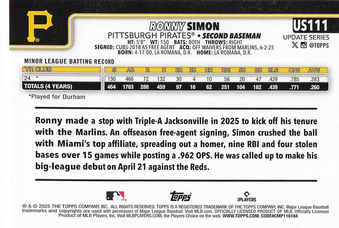 2025 Topps Update Baseball Ronny Simon #US111 Rookie