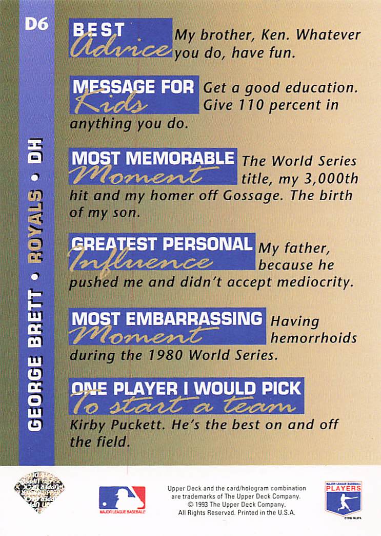 1993 Upper Deck Baseball On Deck George Brett #D6
