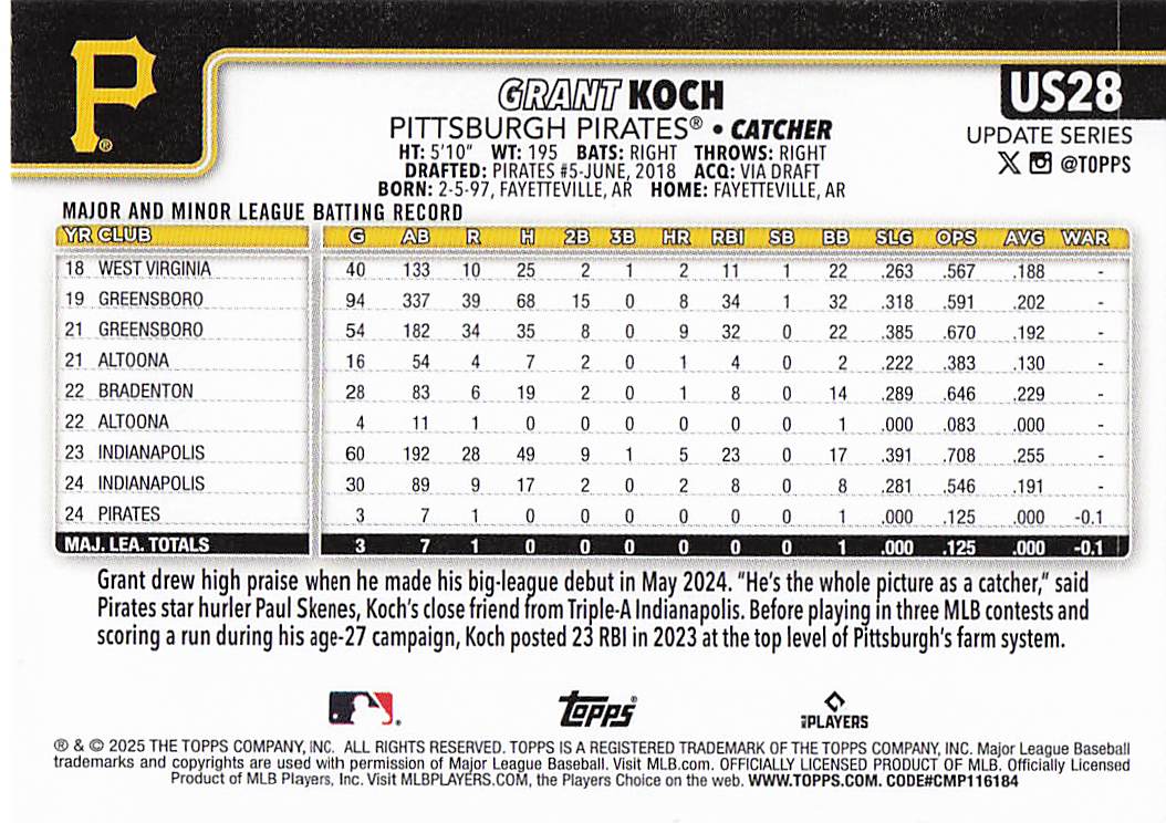2025 Topps Update Baseball Grant Koch #US28 Rookie