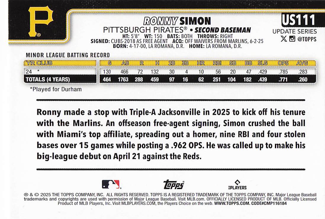 2025 Topps Update Baseball Rainbow Foil Ronny Simon #US111 Rookie