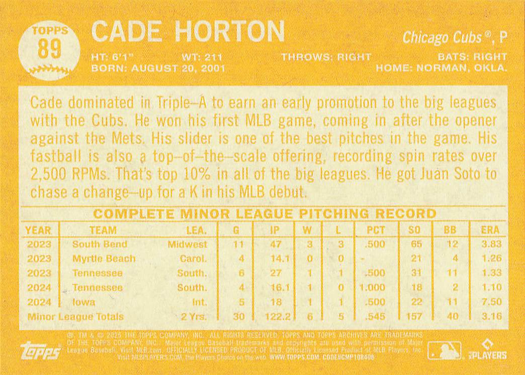 2025 Topps Archives Baseball Cade Horton #89 Rookie