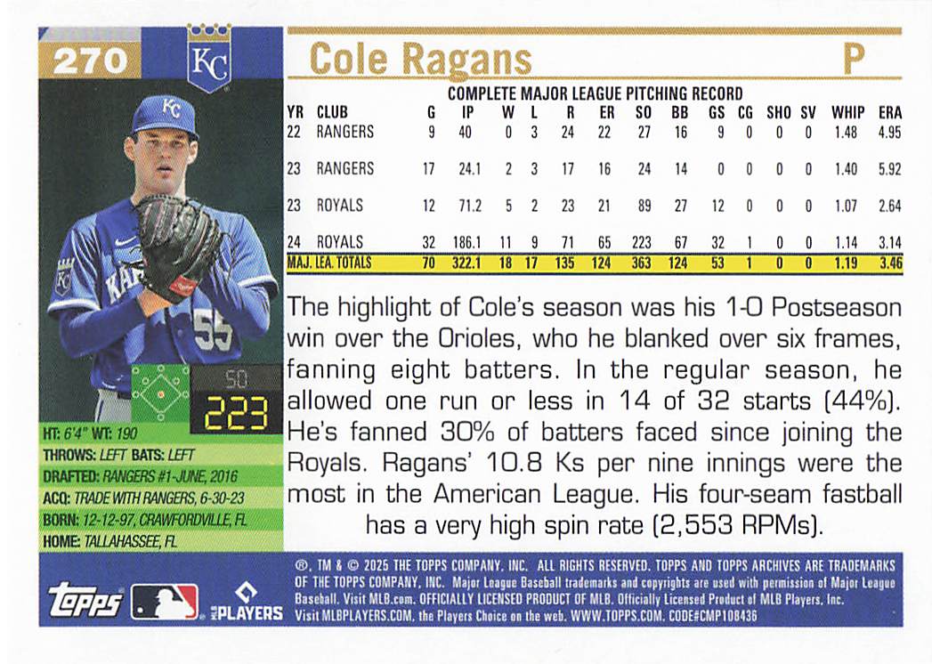 2025 Topps Archives Baseball Cole Ragans #270