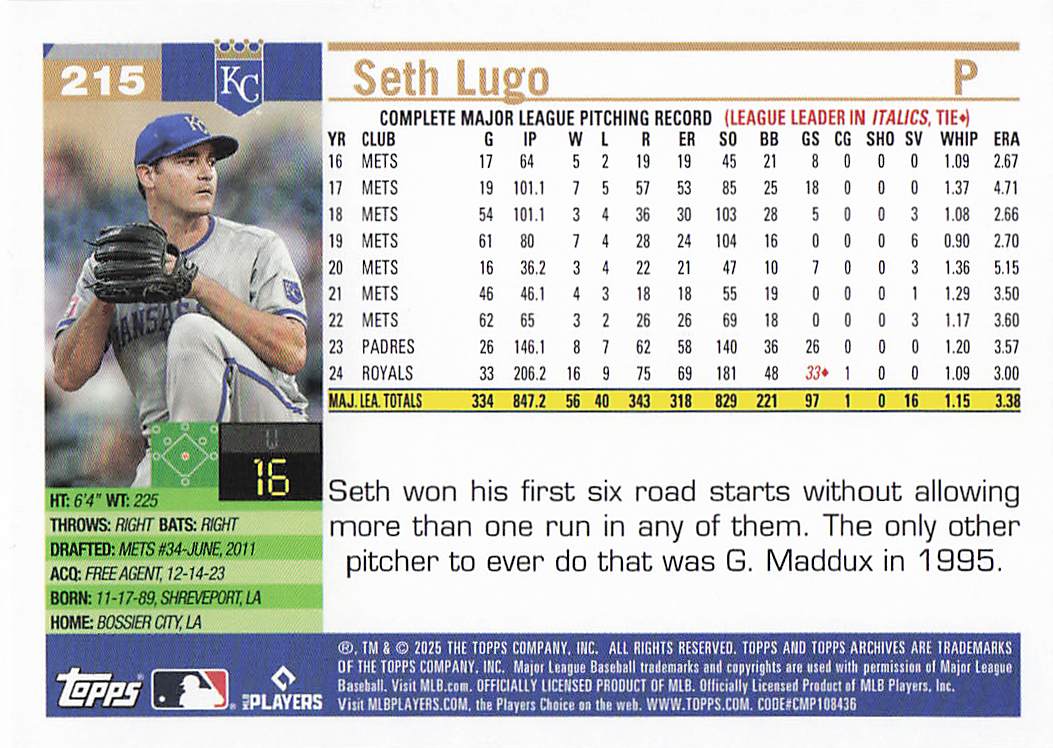 2025 Topps Archives Baseball Pink Foilboard Seth Lugo #215