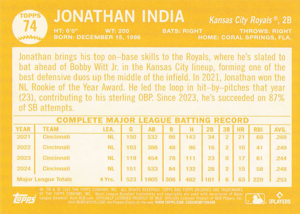 2025 Topps Archives Baseball Pink Foilboard Jonathan India #74