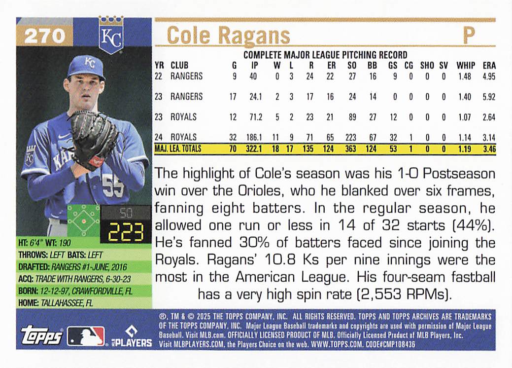 2025 Topps Archives Baseball Pink Foilboard Cole Ragans #270