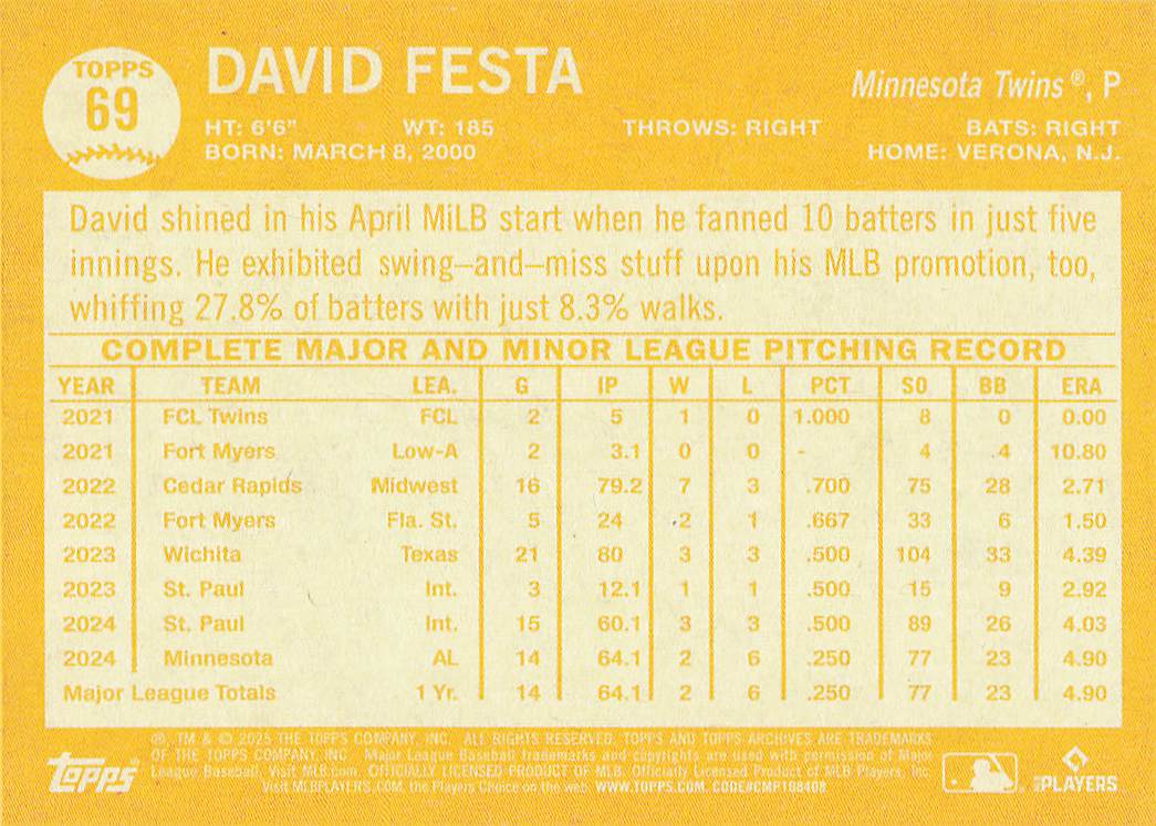 2025 Topps Archives Baseball David Festa #69 Rookie