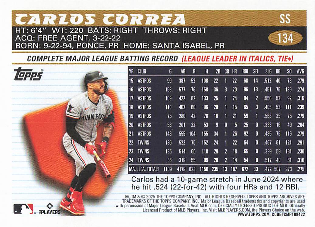 2025 Topps Archives Baseball Carlos Correa #134