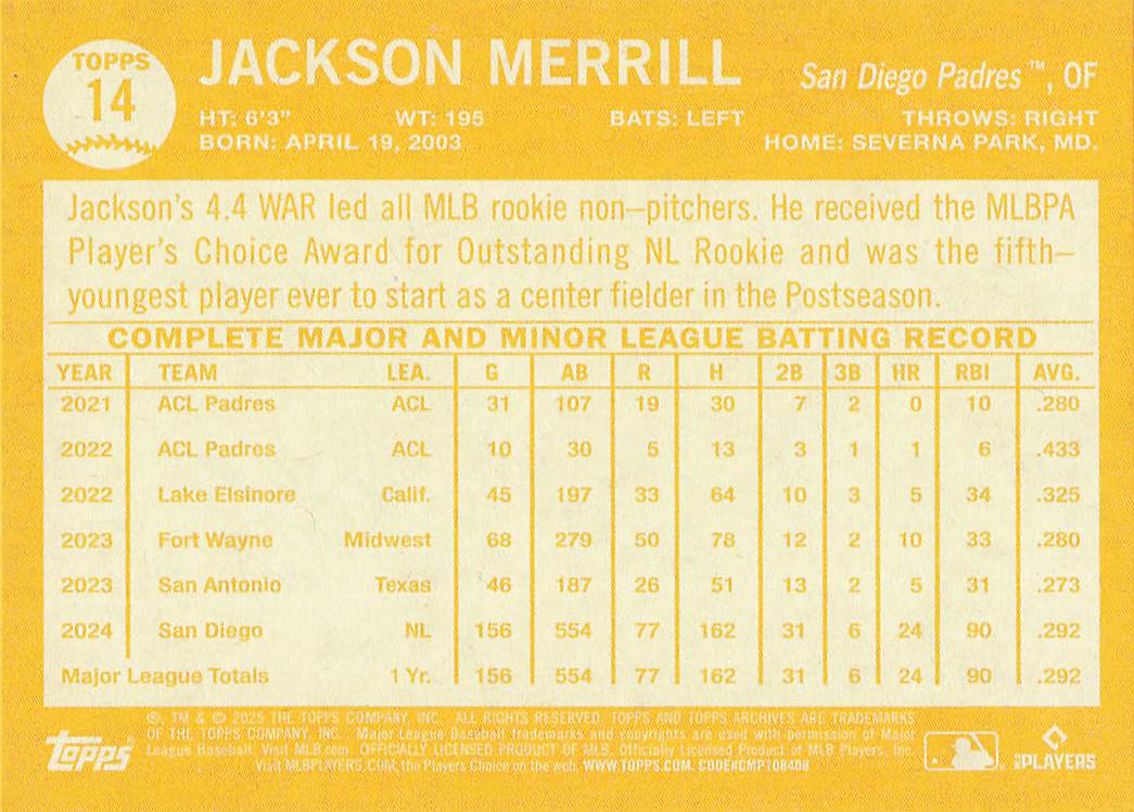 2025 Topps Archives Baseball Jackson Merrill #14