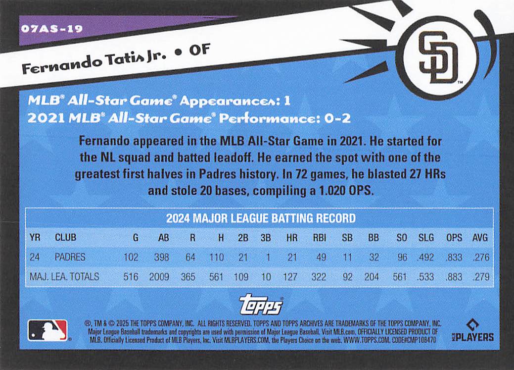 2025 Topps Archives Baseball 2007 Topps All-Stars Fernando Tatis Jr. #07AS-19