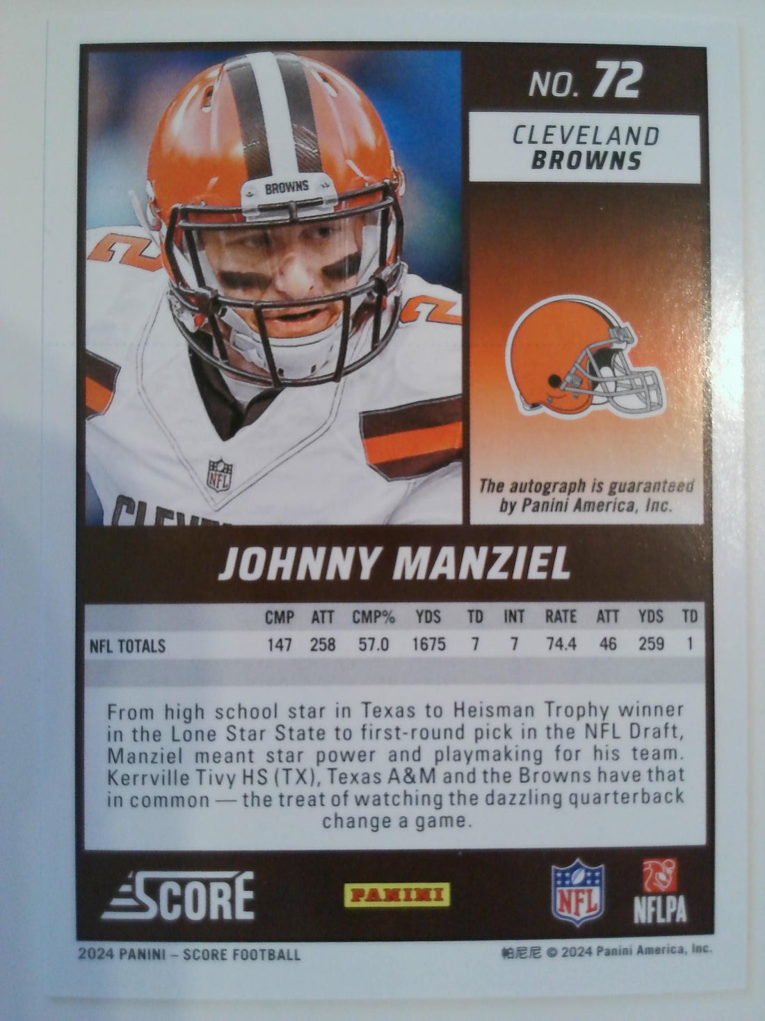 2024 Score Football Signatures Johnny Manziel #72