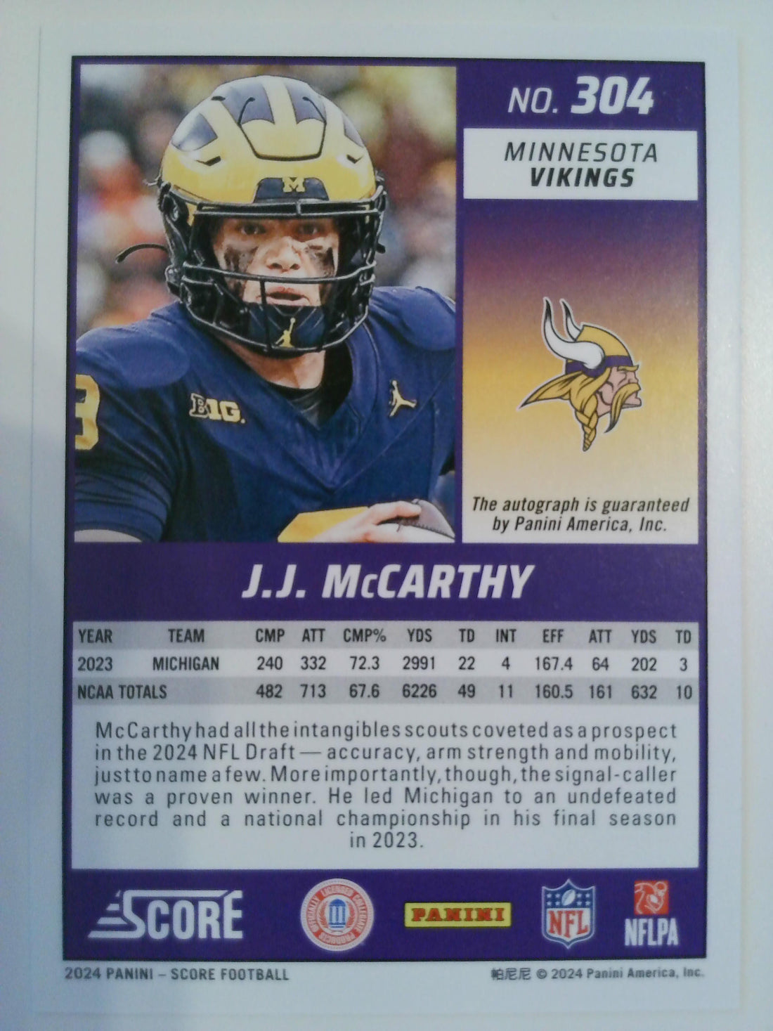 2024 Score Football Green Signatures J.J. McCarthy #304 Rookie