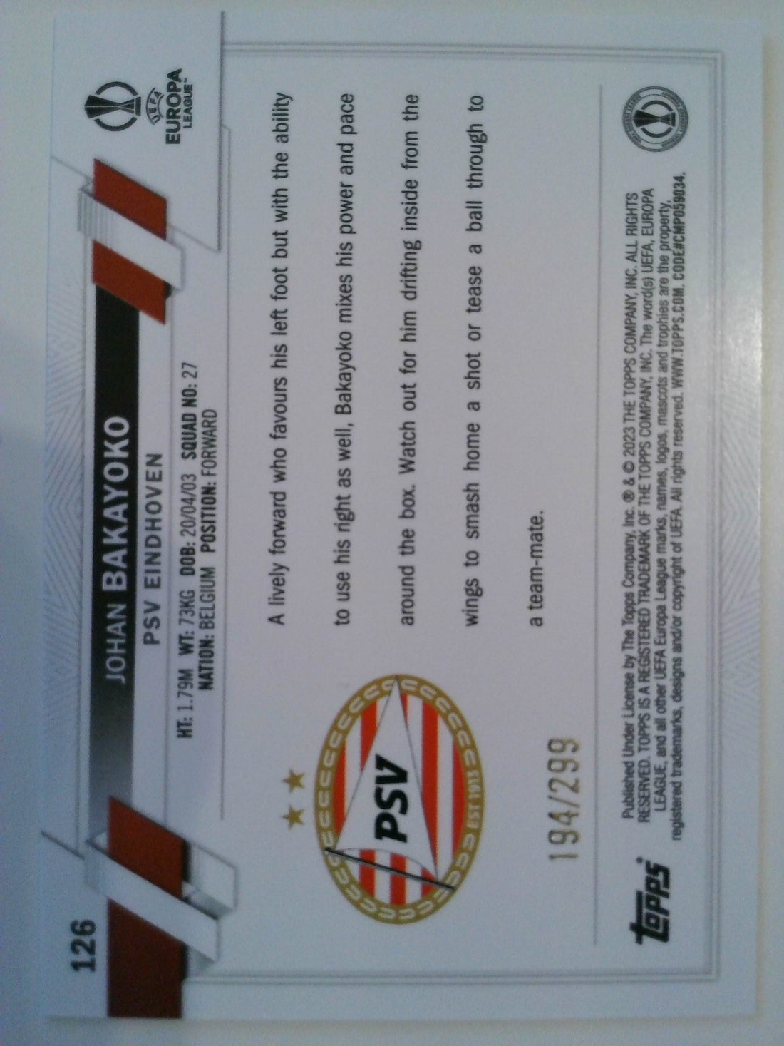 2022-23 Topps UEFA Club Competitions Yellow Foil 194/299 Johan Bakayoko #126 RC