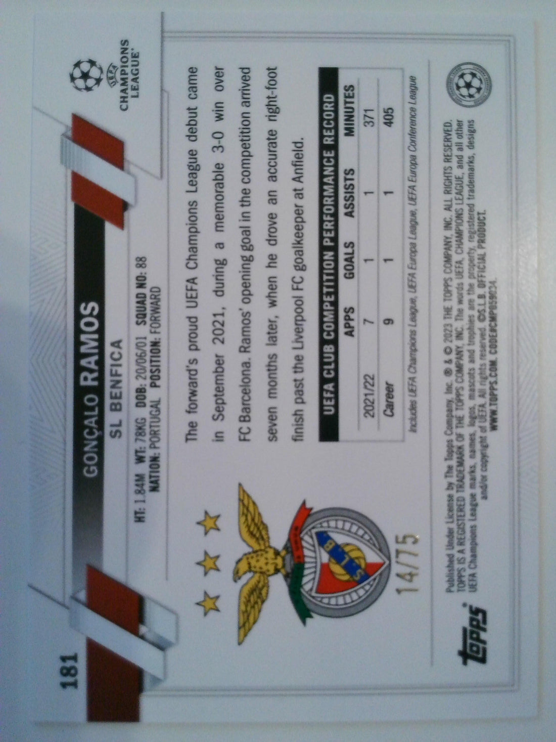 2022-23 Topps UEFA Club Competitions Purple Foil 14/75 Gonçalo Ramos #181