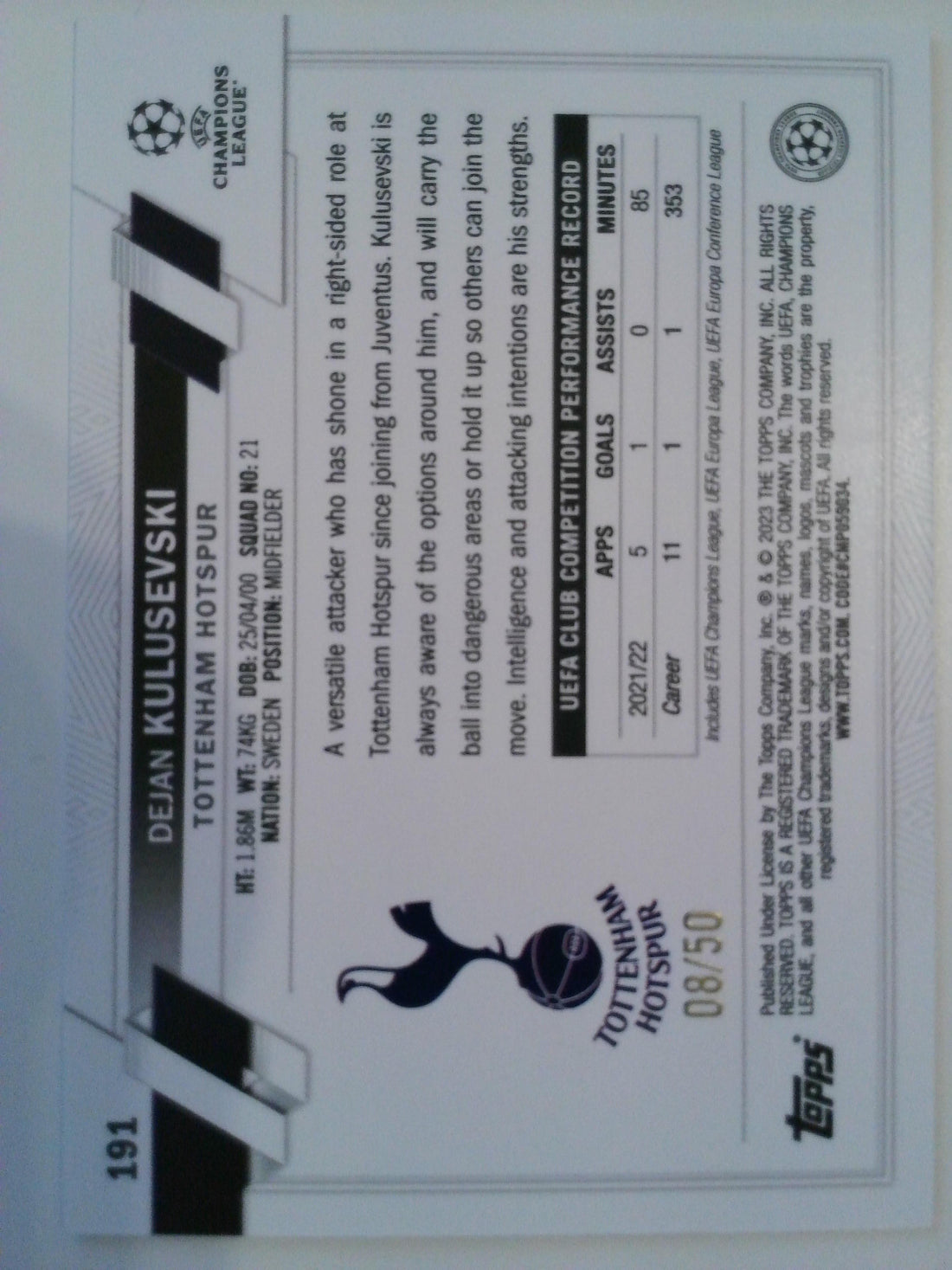 2022-23 Topps UEFA Club Competitions Gold Foil 08/50 Dejan Kulusevski #191