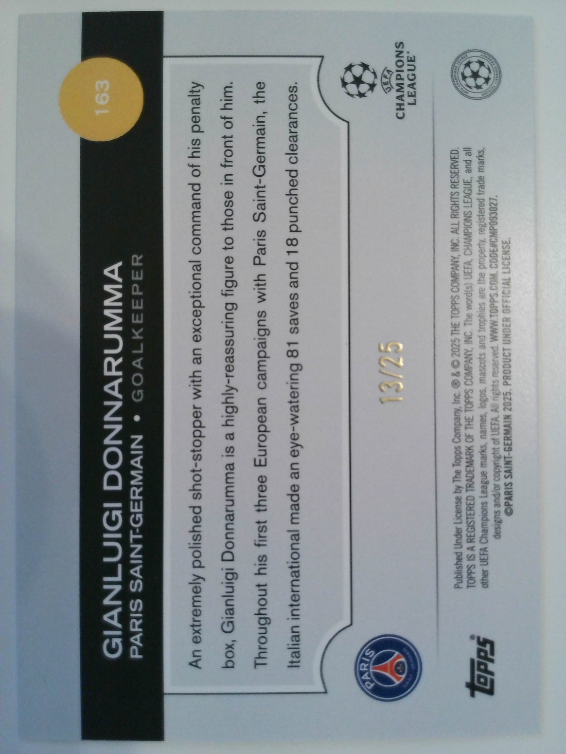 2024-25 Topps UEFA Club Competitions Orange Foil 13/25 Gianluigi Donnarumma #163