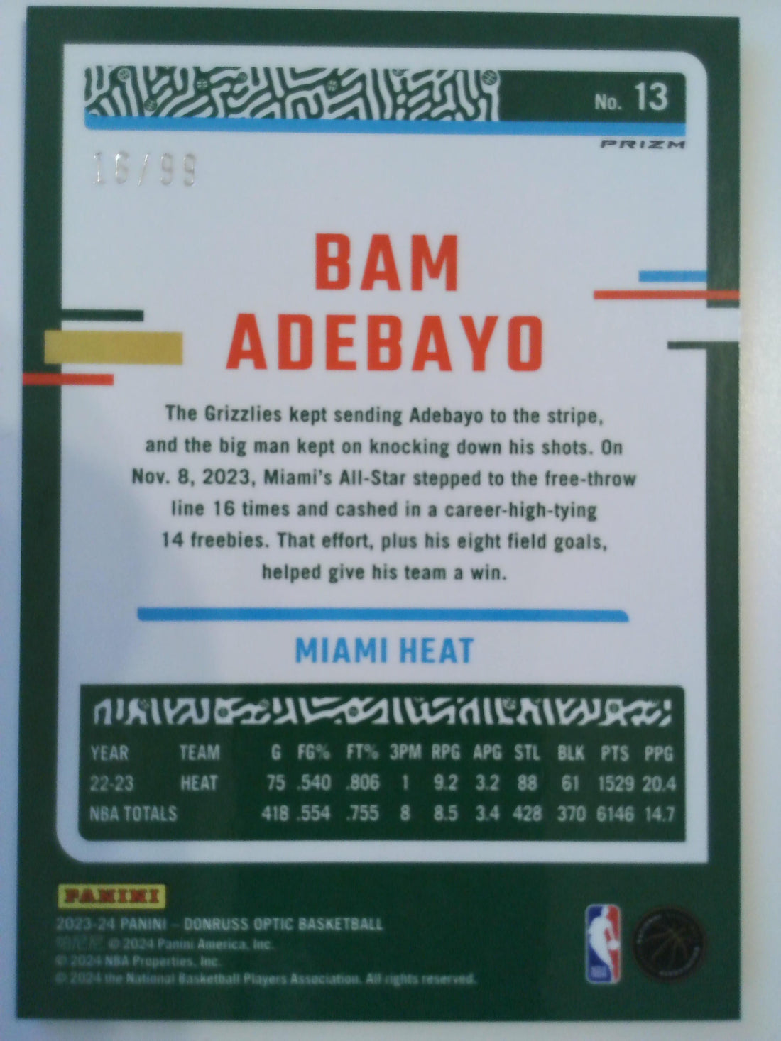 2023-24 Donruss Optic Basketball Copper Glitter 16/99 Bam Adebayo #13
