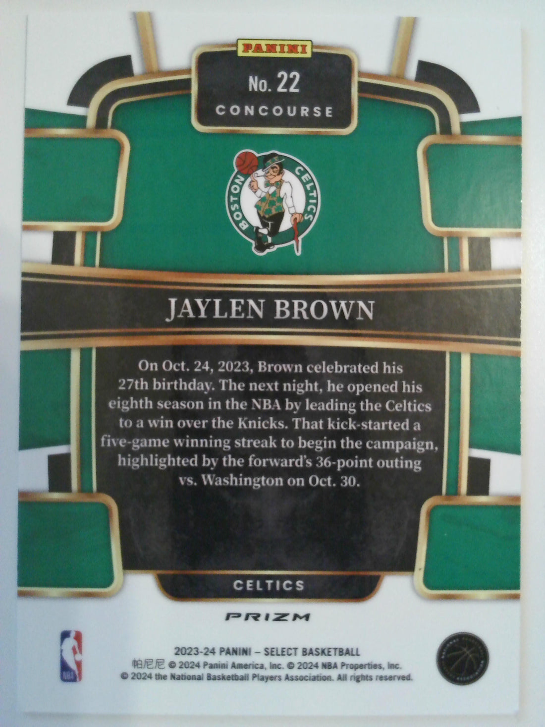 2023-24 Panini Select Basketball Tiger Prizms Jaylen Brown #22