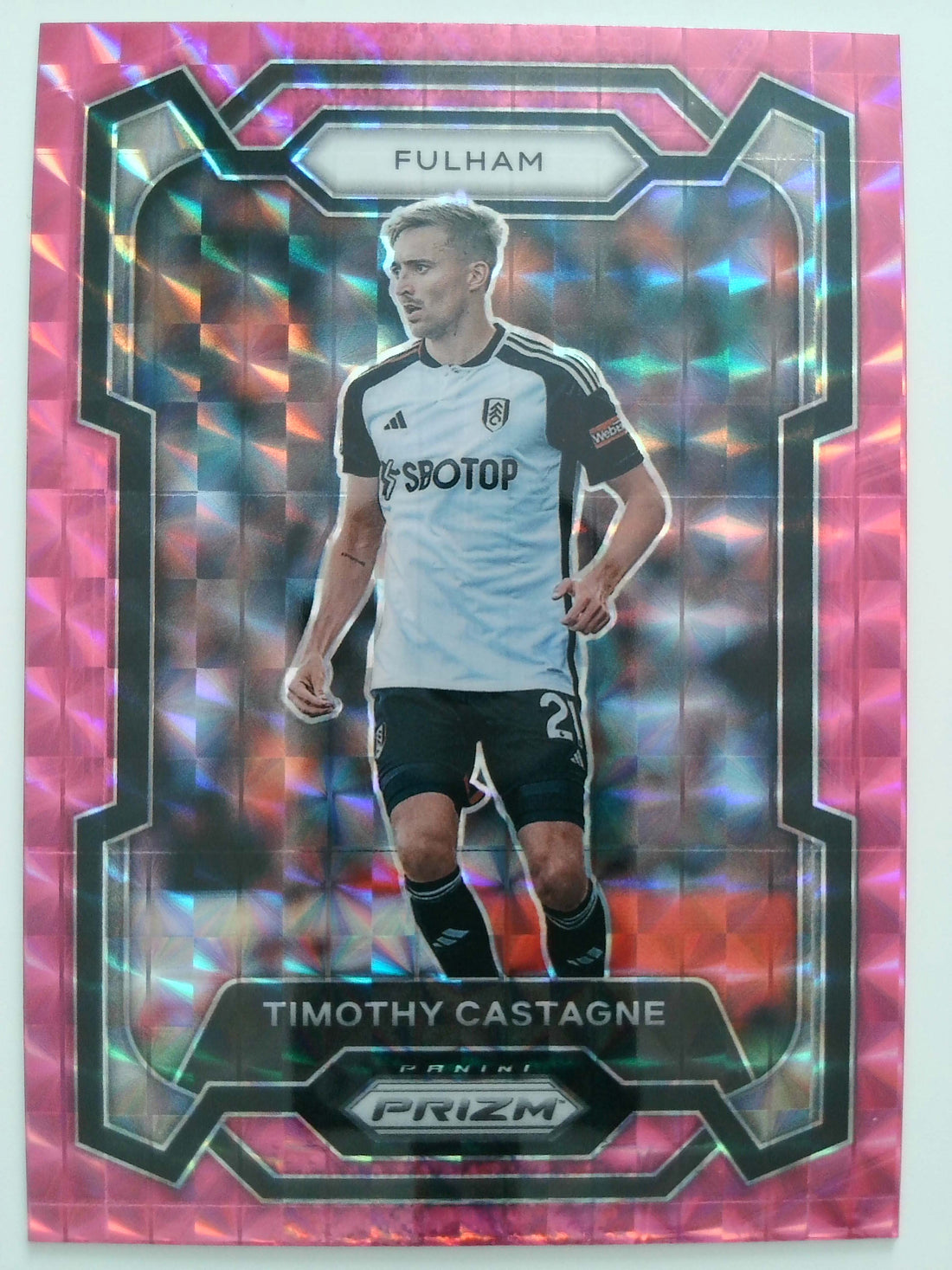 2023-24 Panini Prizm Premier League Soccer Pink Mosaic Timothy Castagne #156
