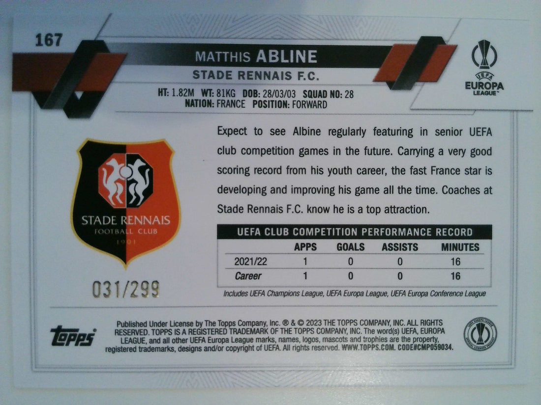 2022-23 Topps UEFA Club Competitions Yellow Foil 031/299 Matthis Abline #167 RC