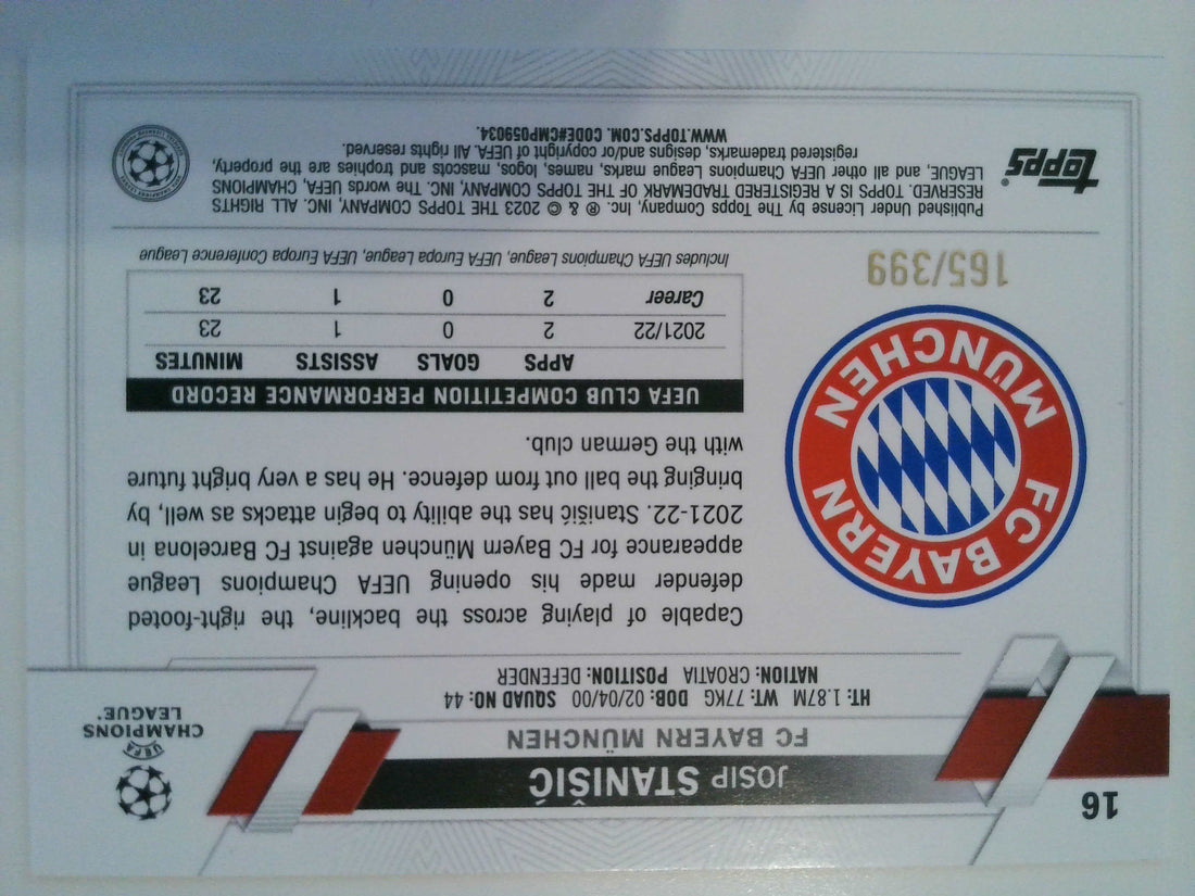 2022-23 Topps UEFA Club Competitions Icy Aqua Foil 165/399 Josip Staniši? #16