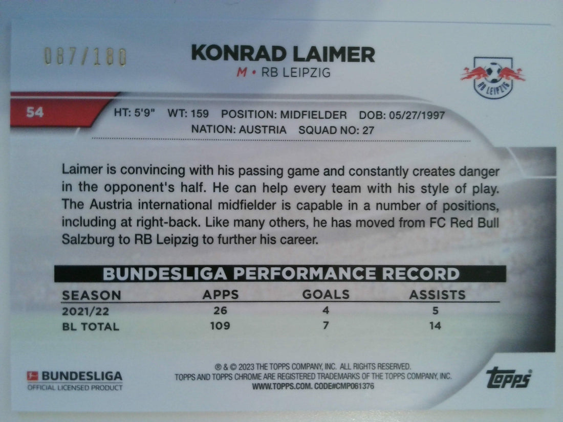 2022-23 Topps Chrome Bundesliga Soccer Blue Refractor 087/180 Konrad Laimer #54