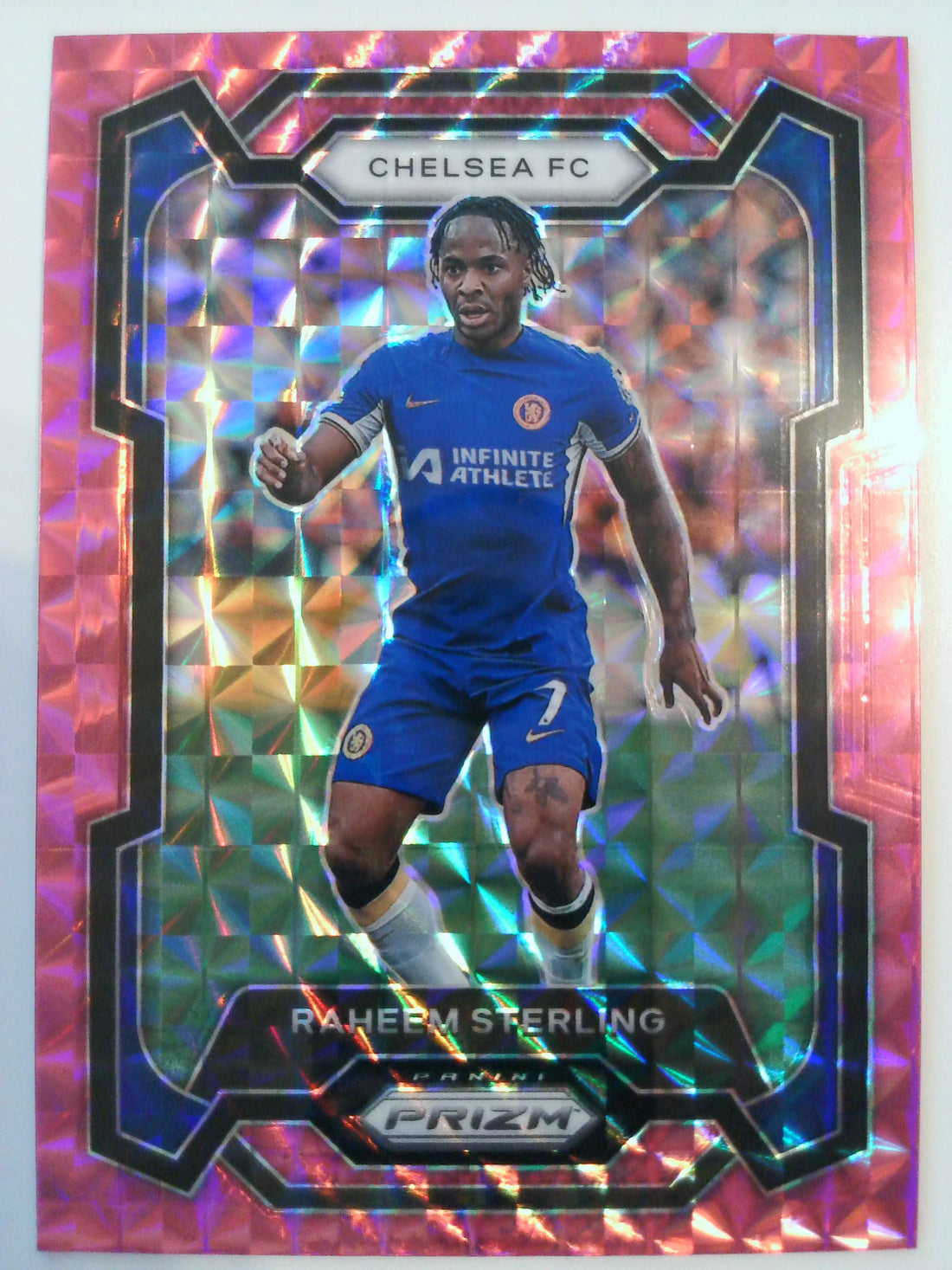 2023-24 Panini Prizm Premier League Soccer Pink Mosaic Raheem Sterling #184
