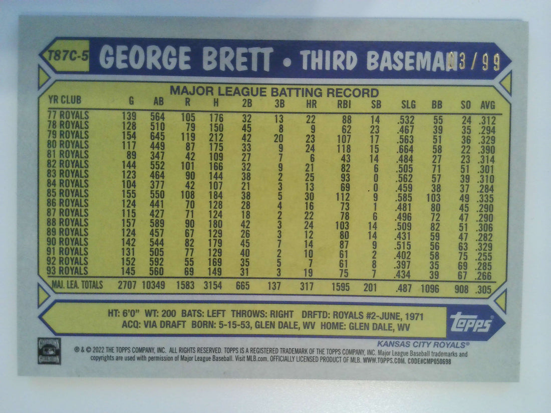2022 Topps 1987 Topps Chrome Green 03/99 George Brett #T87C-5