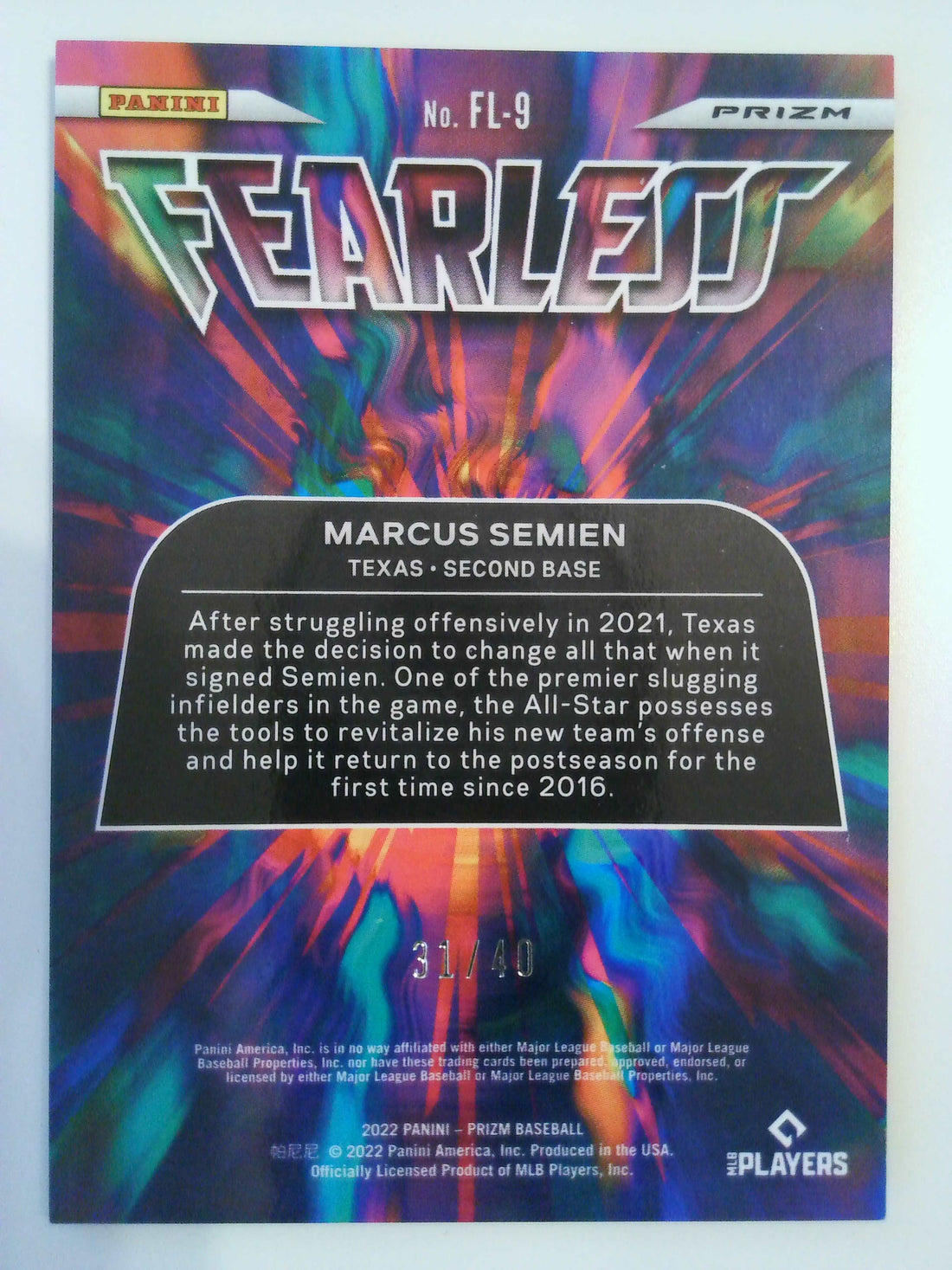 2022 Panini Prizm Fearless Bronze Donut Circles Prizm 31/40 Marcus Semien #FL-9