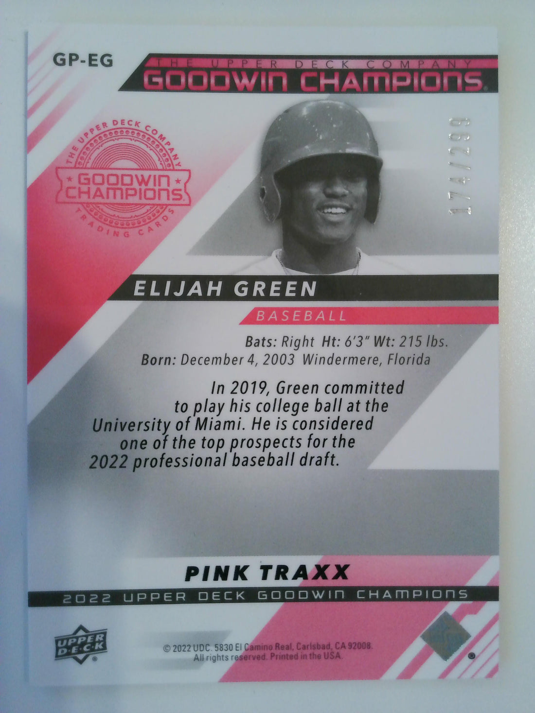 2022 Upper Deck Goodwin Champions Pink Traxx 174/299 Elijah Green #GP-EG