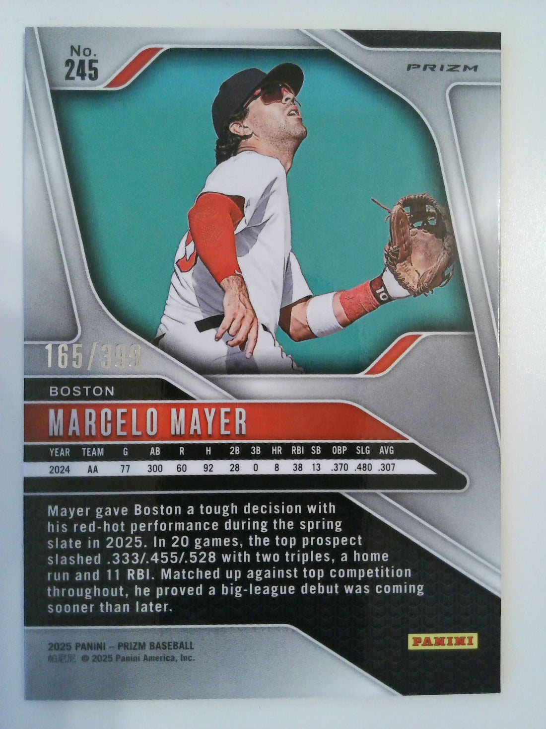2025 Panini Prizm Baseball Orange Pulsar Prizms 165/399 Marcelo Mayer #245 RC