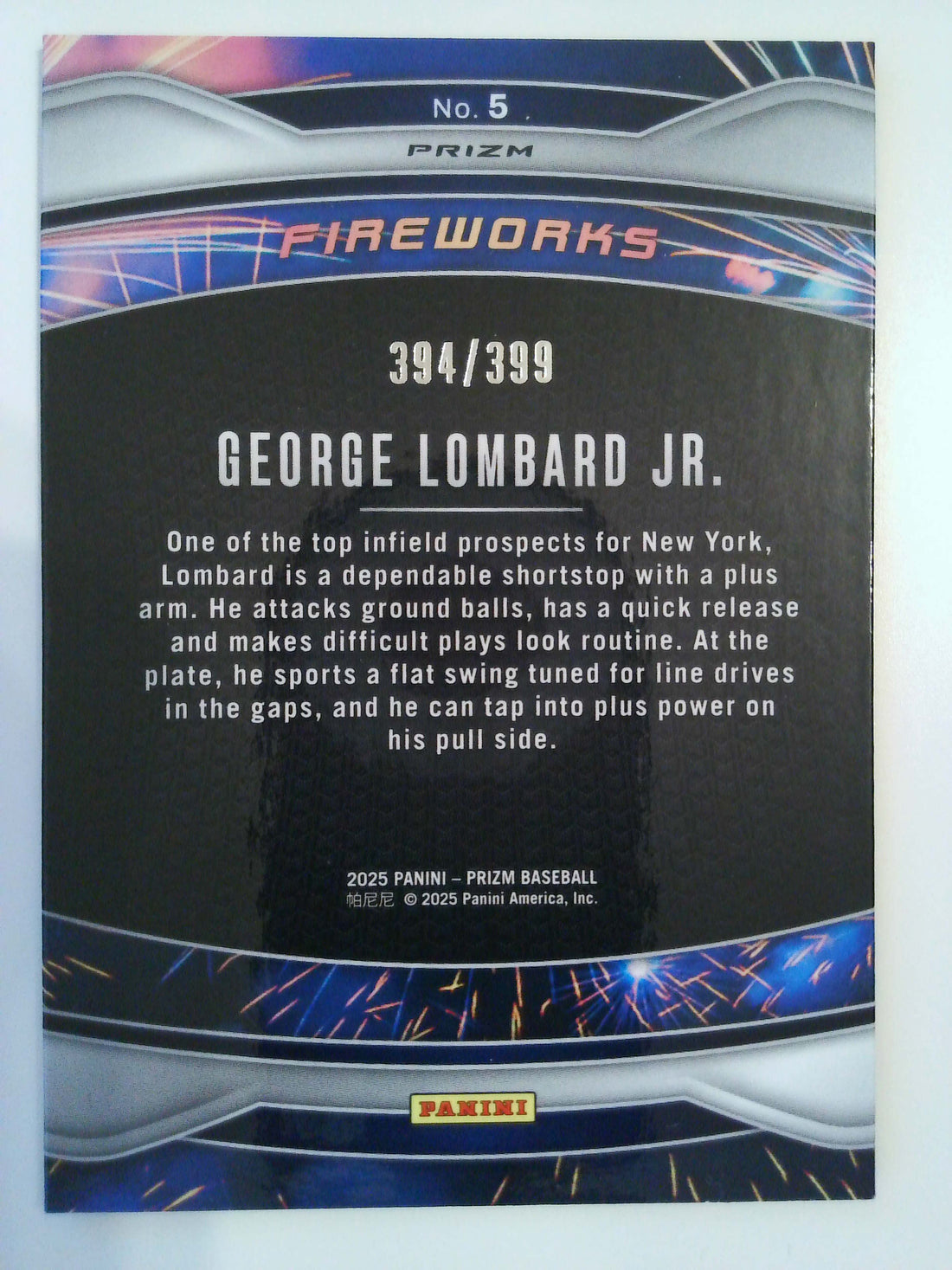 2025 Panini Prizm Baseball Fireworks Orange Prizms 394/399 George Lombard Jr. #5