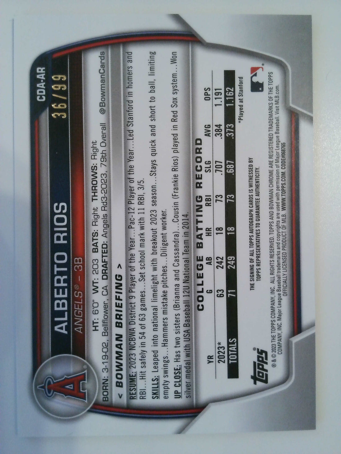 2023 Bowman Chrome Autographs Green Refractor 39/99 Alberto Rios #CDA-AR
