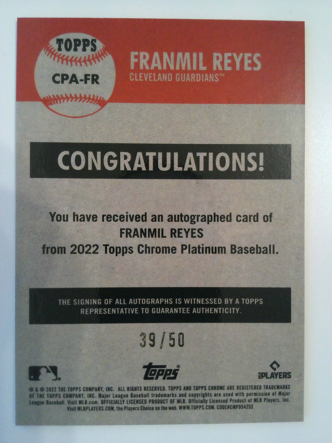 2022 Chrome Platinum Autographs Gold Refractor 39/50 Franmil Reyes #CPA-FR