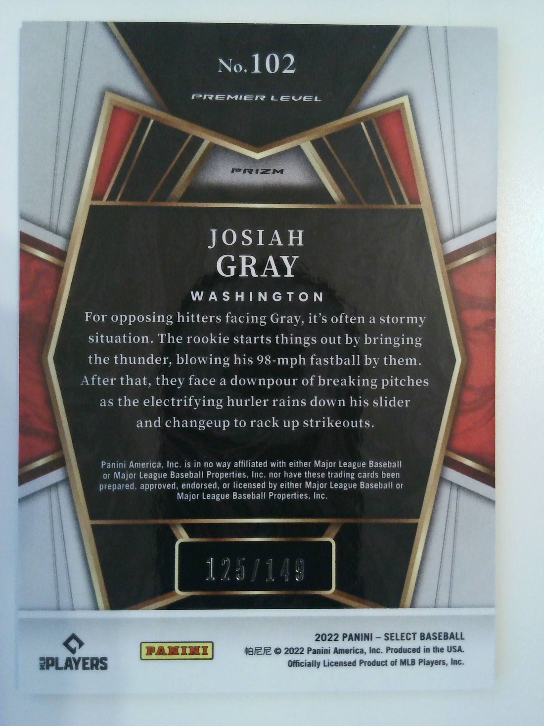 2022 Panini Select Baseball Light Blue 125/149 Josiah Gray #102 Rookie