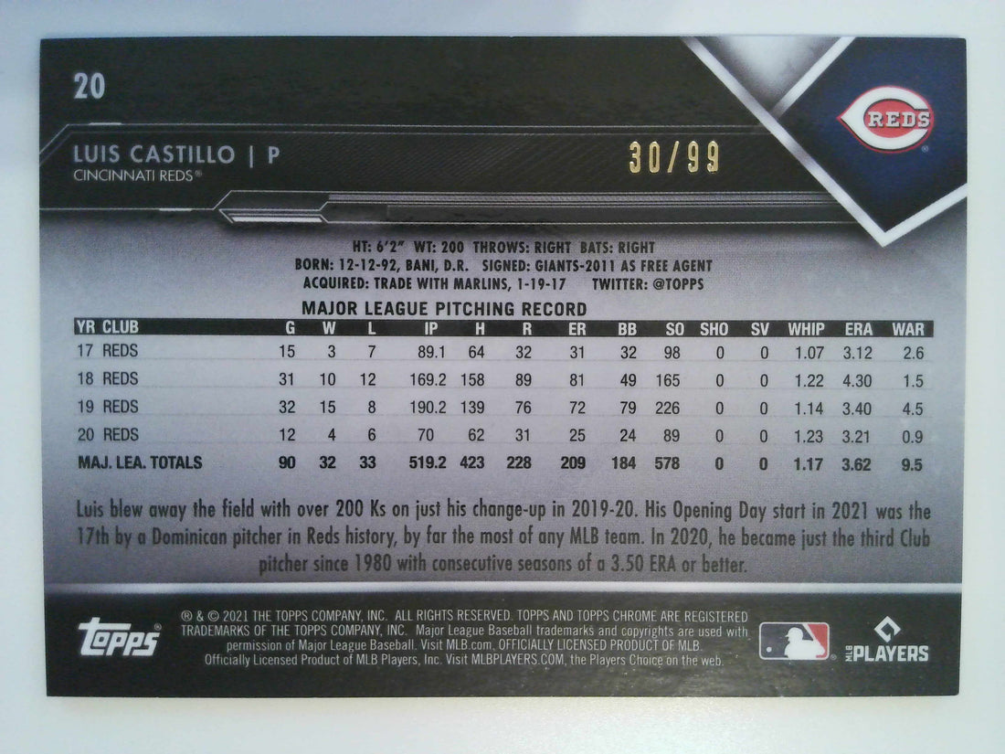 2021 Topps Chrome Black Baseball Green Atomic Refractor 30/99 Luis Castillo #20