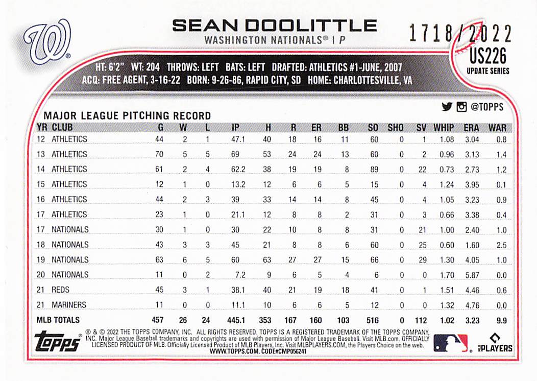 2022 Topps Update Baseball Gold 1718/2022 Sean Doolittle #US226