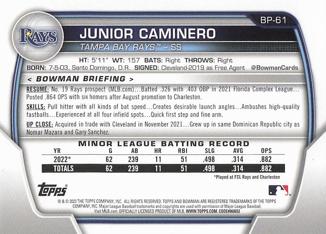 2023 Bowman Baseball Prospects Junior Caminero #BP-61