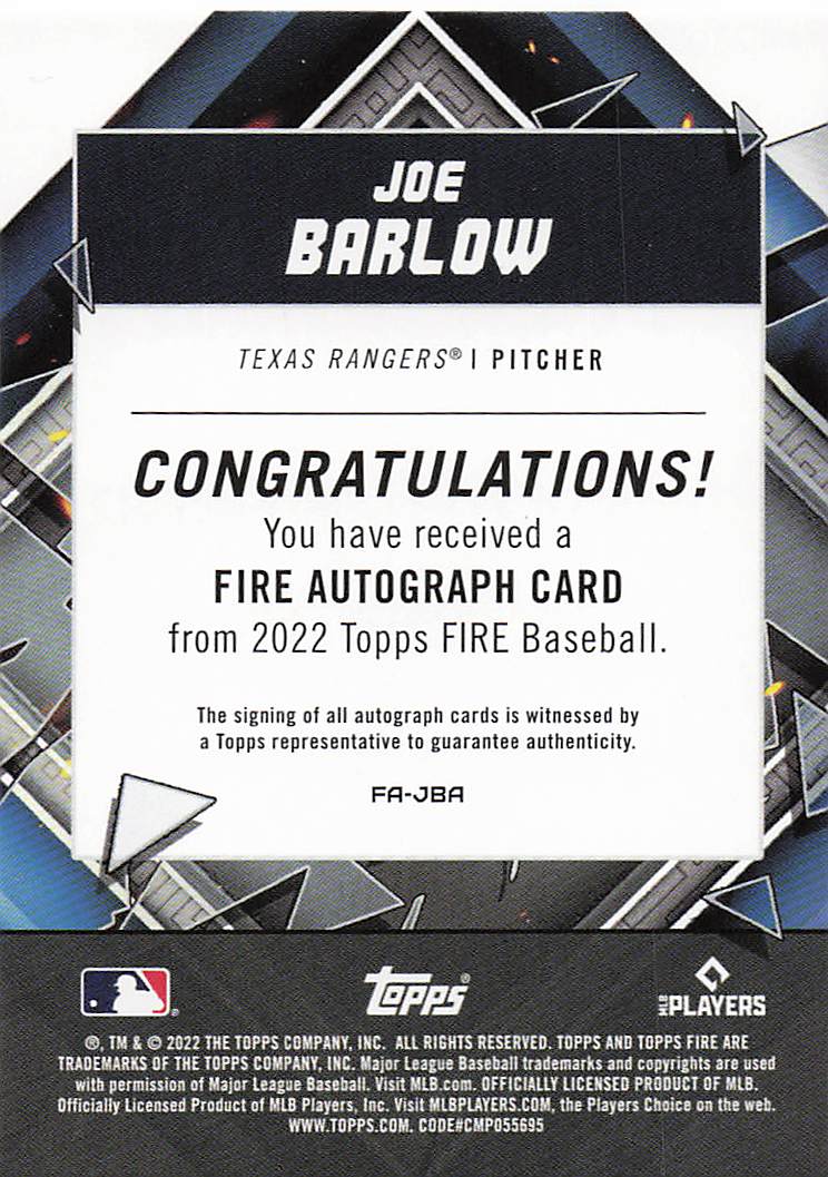 2022 Topps Fire Baseball Autographs Joe Barlow #FA-JBA