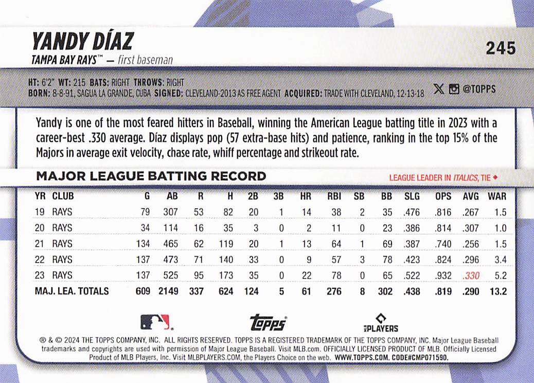 2024 Topps Big League Baseball Yandy Díaz #245